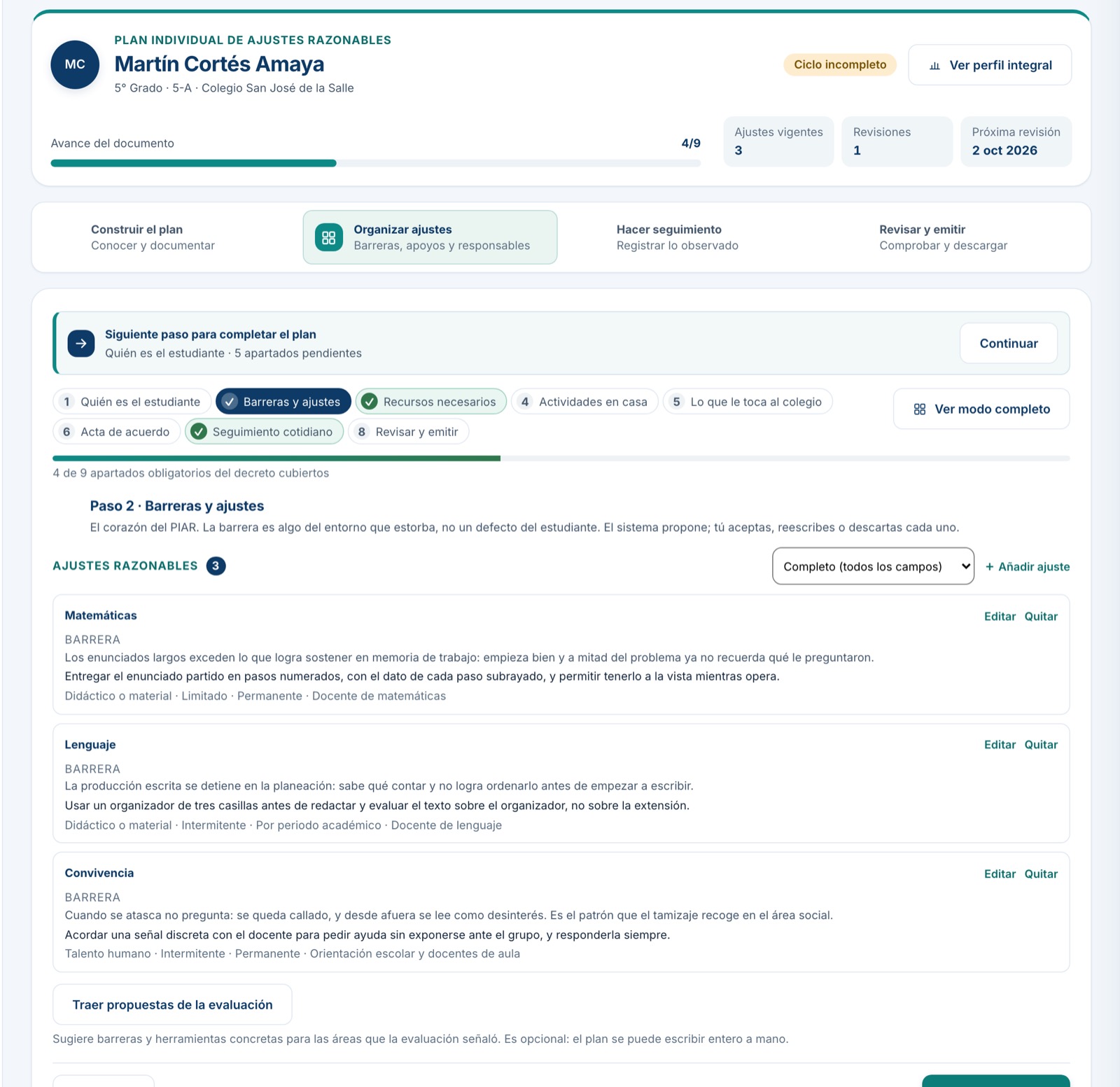 Formato del PIAR: avance por los nueve apartados del decreto y matriz de barreras y ajustes razonables por área